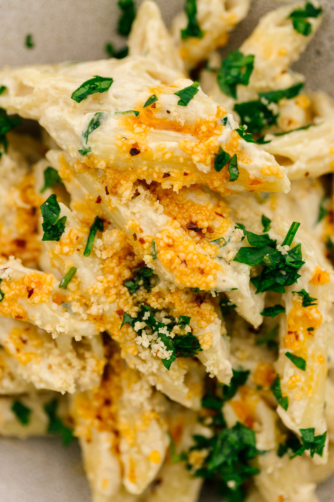 Spicy Vegan Tahini Pasta Pinenut Parmesan