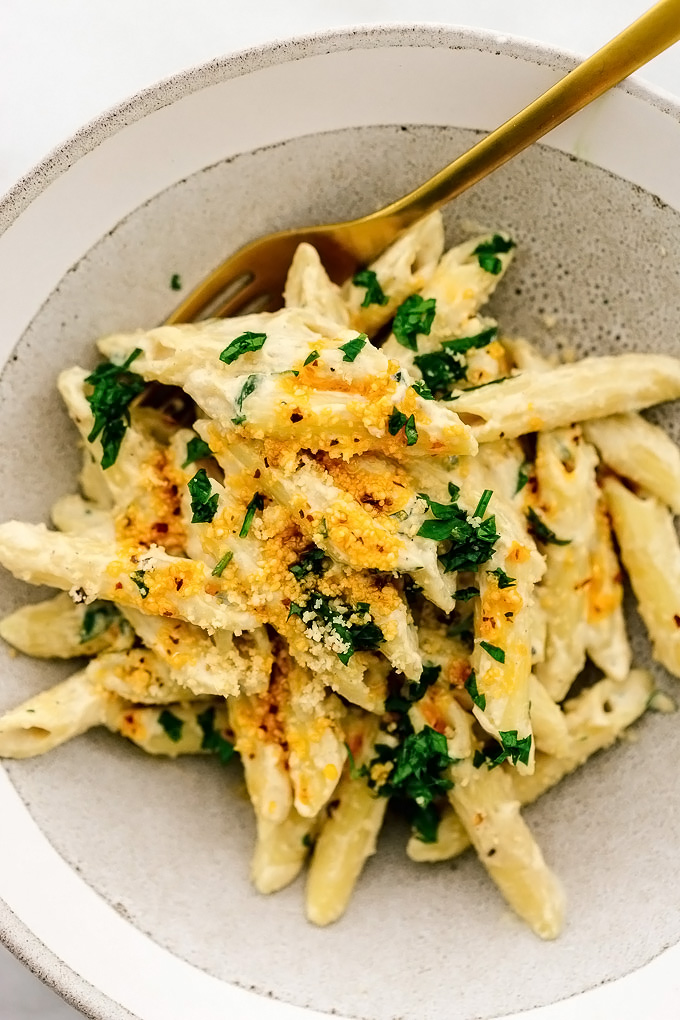 Spicy Vegan Tahini Pasta Pinenut Parmesan