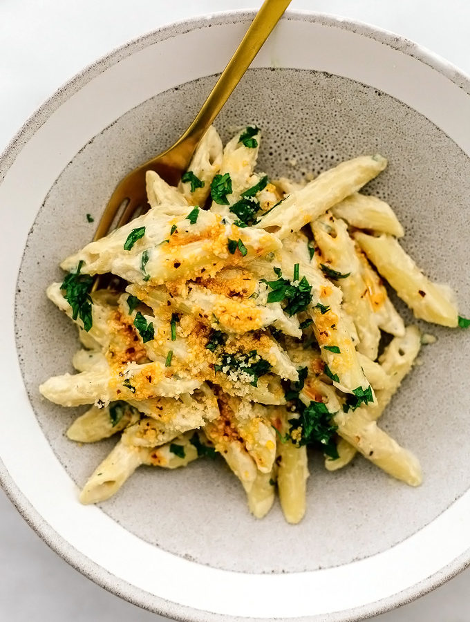 Tahini Alfredo Pasta with Spicy Pinenut Parmesan