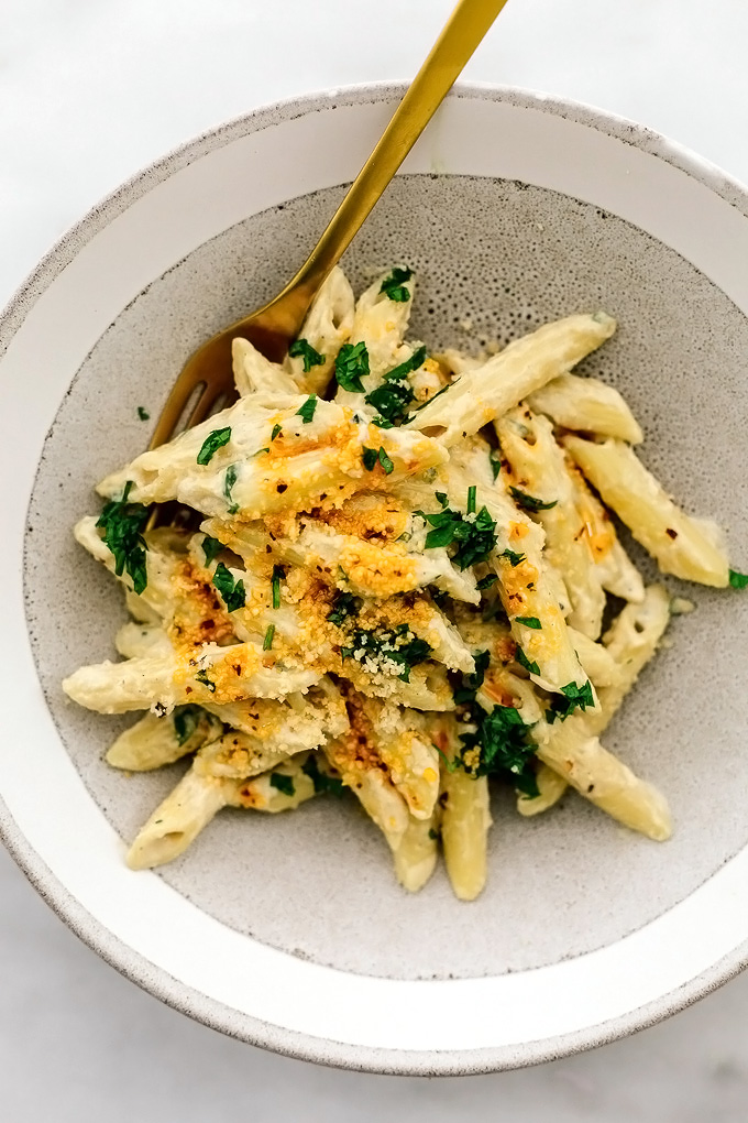 Tahini Alfredo Pasta with Spicy Pinenut Parmesan