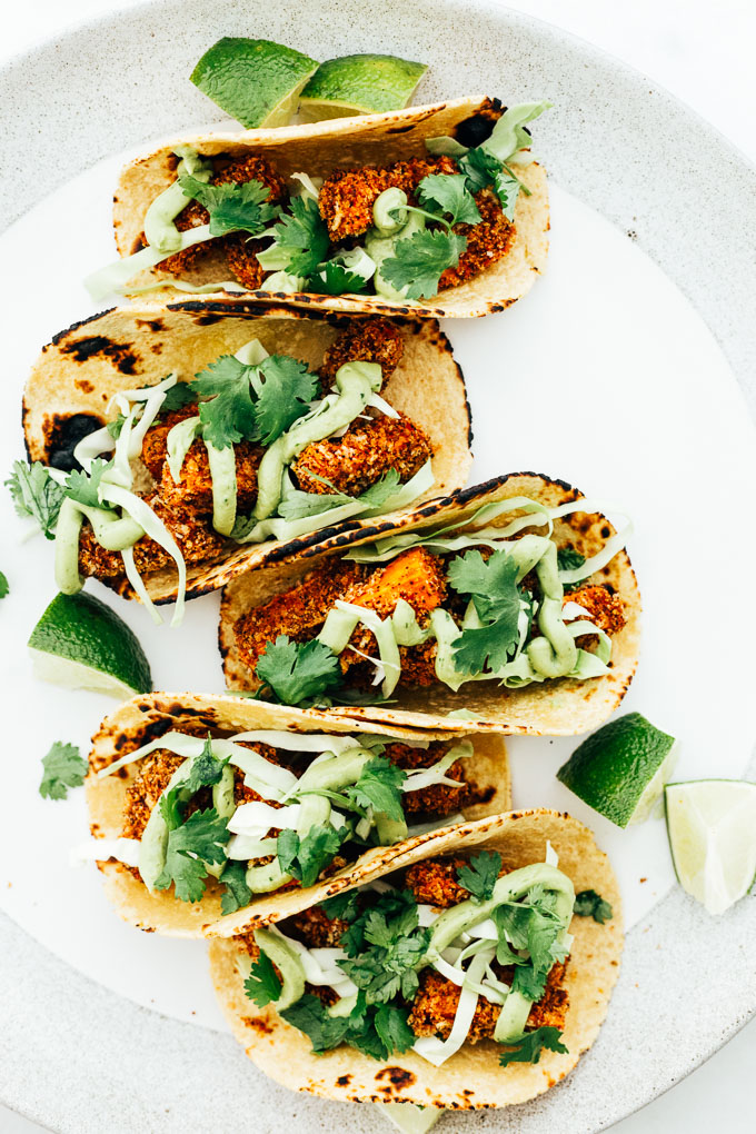 Vegan Crispy Sweet Potato Tacos with Avocado Cream