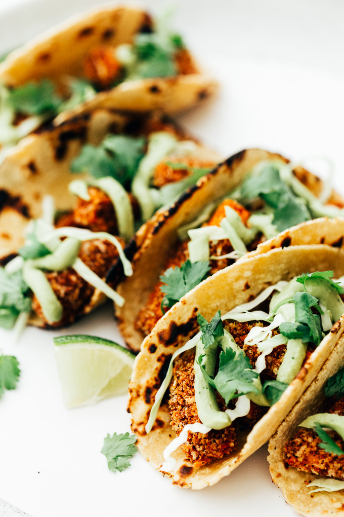 Vegan Crispy Sweet Potato Tacos with Avocado Cream