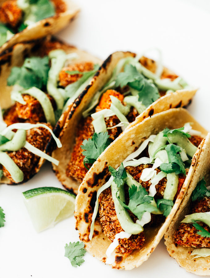 Vegan Crispy Sweet Potato Tacos with Avocado Cream