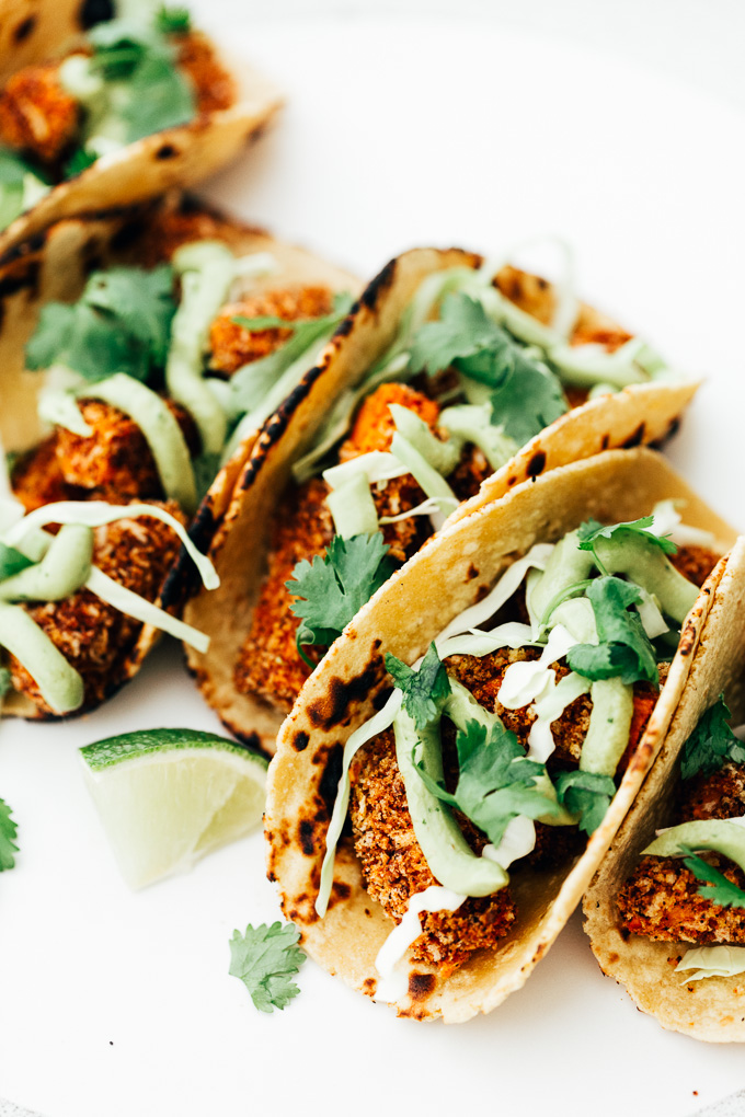 Vegan Crispy Sweet Potato Tacos with Avocado Cream